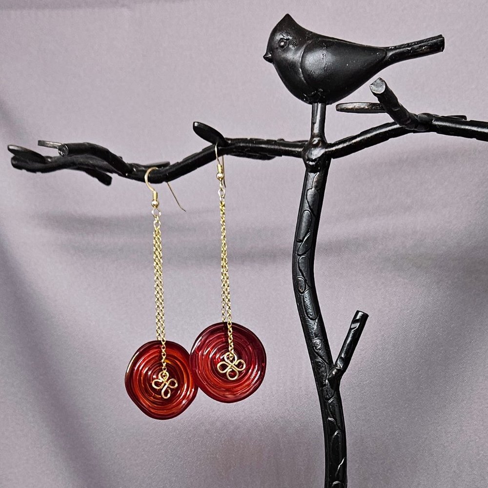 NWOT Red Pressed Glass Earrings w/14k Gold Filled Chain Handmade - 3 3/4"